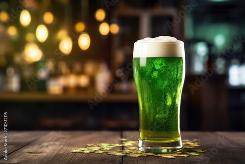 green beer on bar counter for irish St patricks Day celebration. Festive drink pub banner copy space left. photo