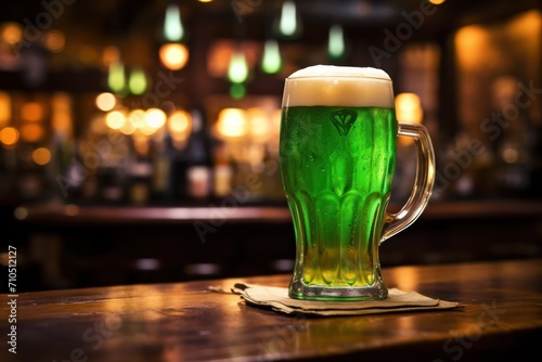 green beer on bar counter for irish St patricks Day celebration. Festive drinks.