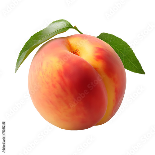 a peach with green leaves