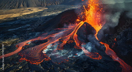 Volcaninc eruption with lava flow, fiery inferno 