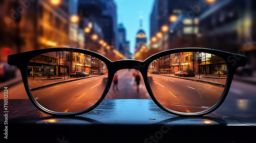 eyeglasses in the city showing in focus and blurred view created with Generative AI technology