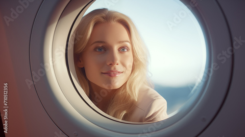 Uma mulher olhando da janela de um barco photo