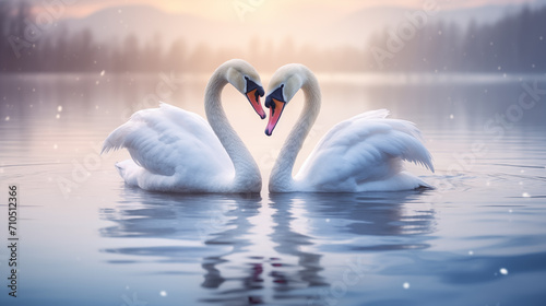 Dois cisnes brancos no lago fazendo um formato de coração 
