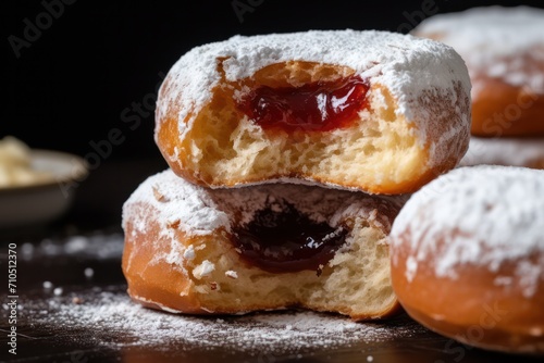 paczki donuts dish closeup. Polish doughnuts with jam cherry filling. photo