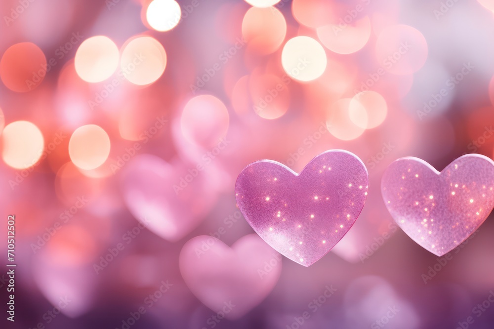 pink lilac hearts 3d render and bokeh Valentines day background banner in pastel color palette copy space left and top