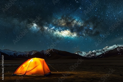 Tent Under Cosmic Skies. Camping with a view of galaxy. © AI Visual Vault