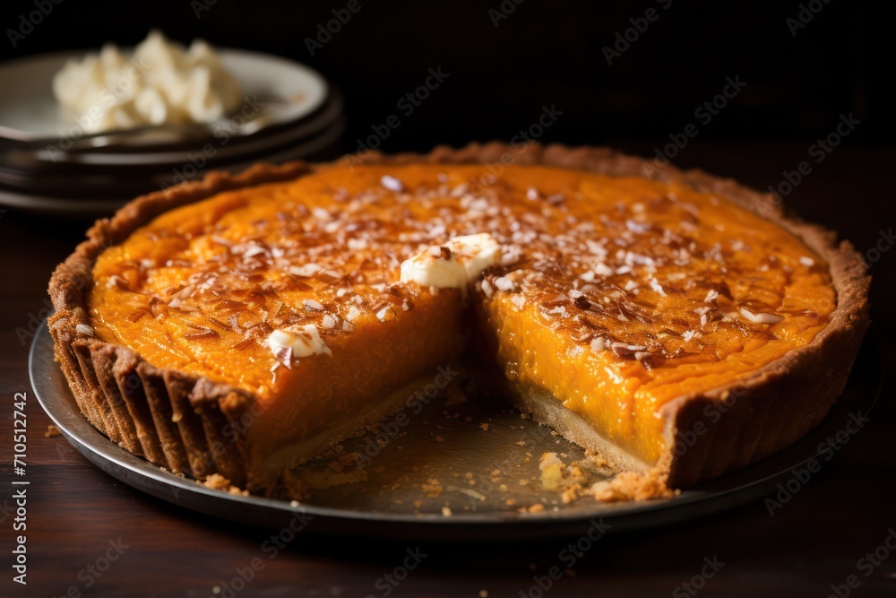 sweet potato pie with one slice cut up closeup sweet potato pie with one slice cut up closeup