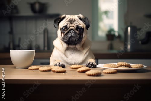 cute pug puppy eating dog biscuits or cookies in minimal kitchen. Sweets for dogs small business. 