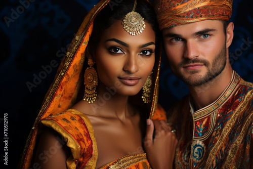 Portrait made with generative AI of young indian bride and groom wearing traditional saree
