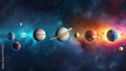 A breathtaking astronomical view of eight colorful planets arranged around a starry sky along with celestial objects. photo