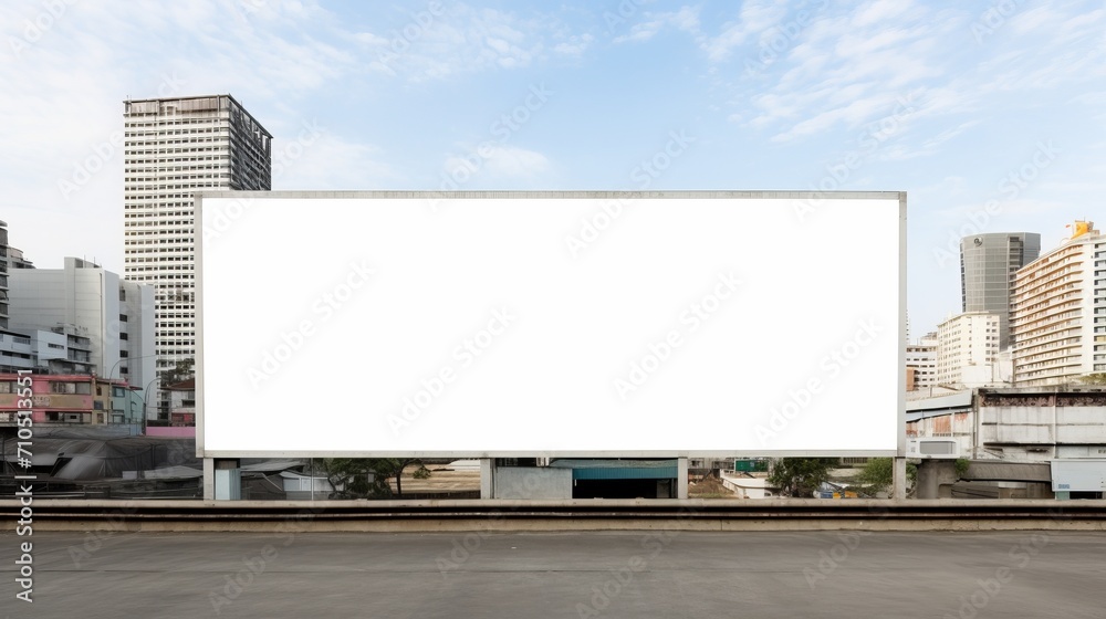 Obraz premium Cityscape billboard mockup: blank white horizontal ad space in urban environment during daytime - front view, advertising concept