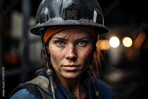 Generative AI portrait of girl miner at the mine in a helmet on dark background © Tetiana