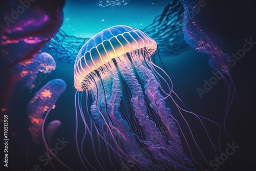 Illuminated Ocean Ballet: Neon Jellyfish Gliding Through the Water. Surreal Underwater Glow