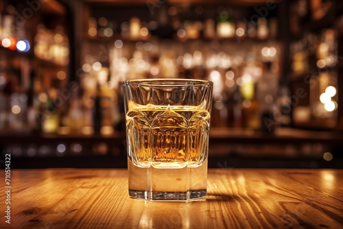 Gold tequila shots and salt on wooden bar, blurred bar background, Generated AI