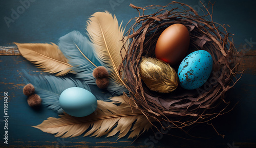 Easter nest with feathers on wooden background. generative ai