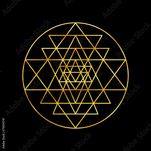 Sri yantra gold symbol isolated on black background. Sacred geometry golden symbol