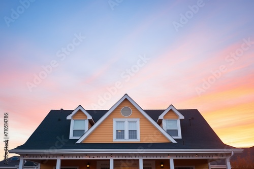 gambrel roof silhouette at sunset with warm sky photo