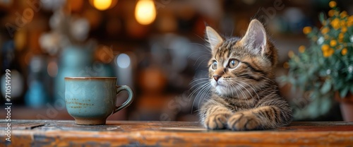 a kitten sits by a cup on a table, in the style of landscape inspirations, letterboxing, innovative page design, aerial photography, hyman bloom, code-based creations, green and black