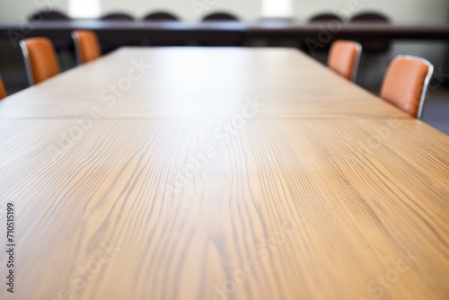 closeup of a conference tables wood grain texture with empty chairs photo