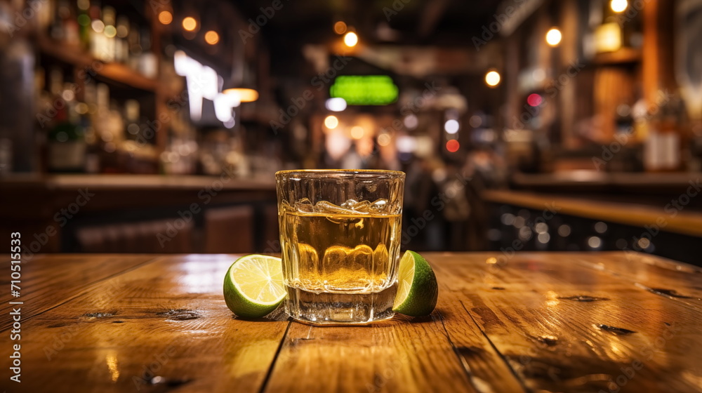 Gold tequila shots with lime and salt on wooden bar, blurred bar background, Generated AI - obrazy, fototapety, plakaty 