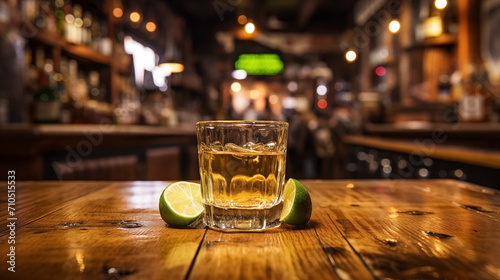 Gold tequila shots with lime and salt on wooden bar, blurred bar background, Generated AI photo