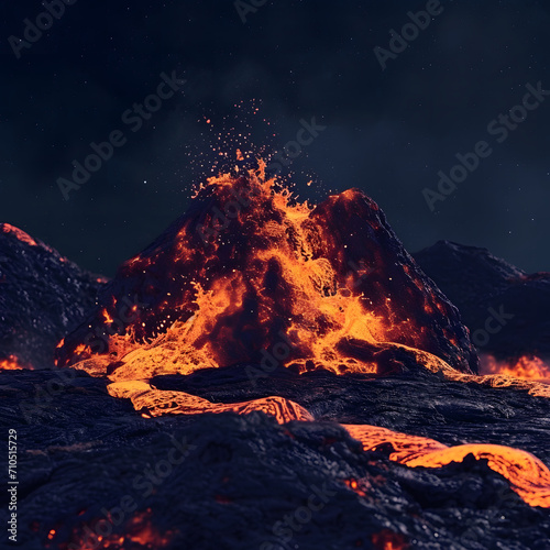 Volcanic eruption in the evening with hot burning lava flows