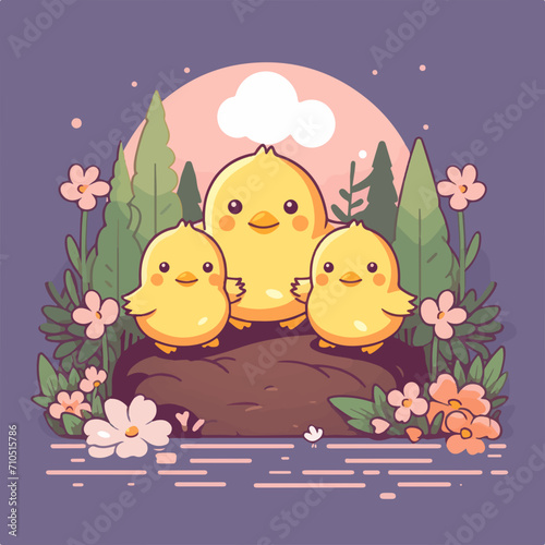 illustration of chicks cute on rocks in the forest