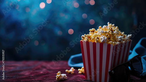Classic red and white striped popcorn box filled with yellow popcorn, with a pair of black-rimmed glasses lying beside it on a textured red surface, and a bokeh blue background.