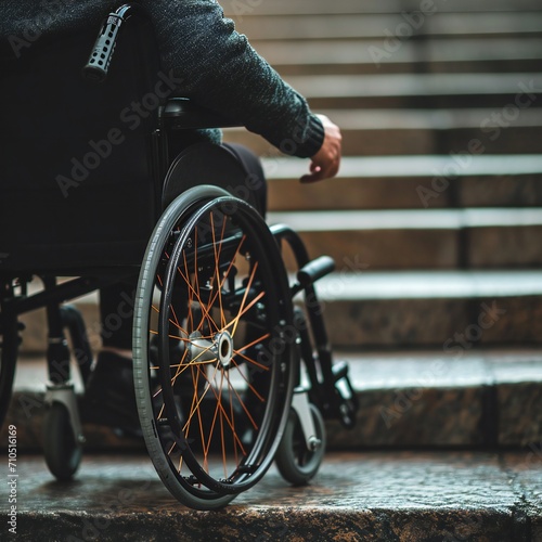disabled person in a wheelchair in front of a stairs
