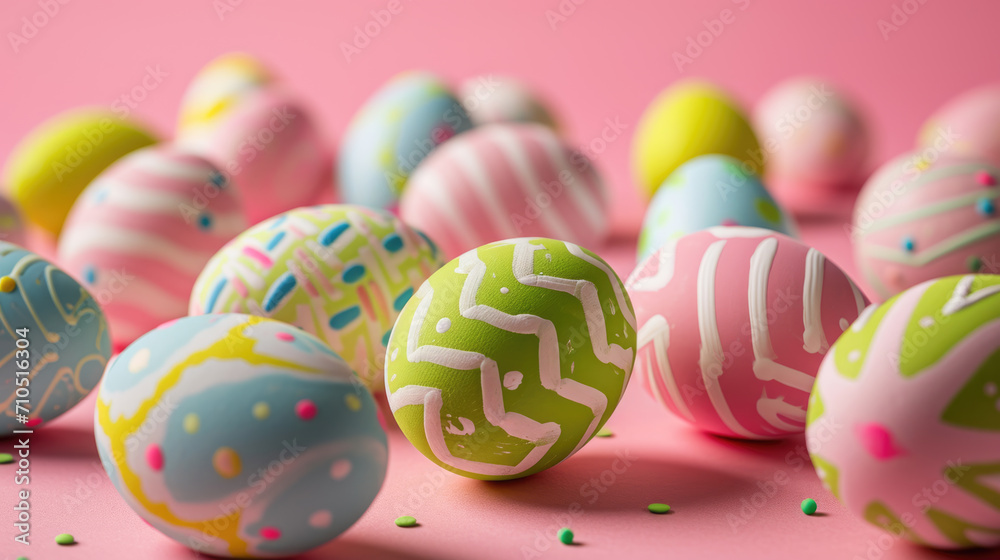 Collection of decorated Easter eggs with various patterns and colors, scattered on a pink surface.