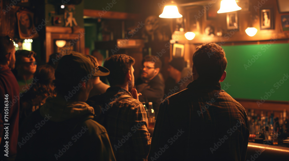 Group of people in a bar watching a television screen with a green chroma key screen