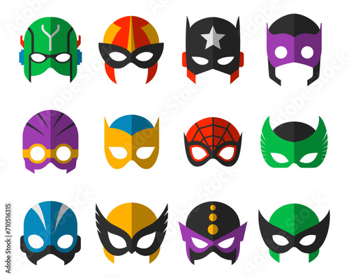 Super hero masks set. Superhero face masque and masking cartoon character. Comic book mask collection. Heroic or savior vector illustration