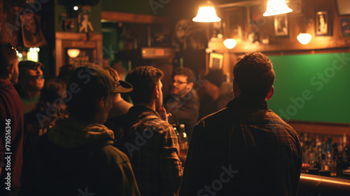 Group of people in a bar watching a television screen with a green chroma key screen