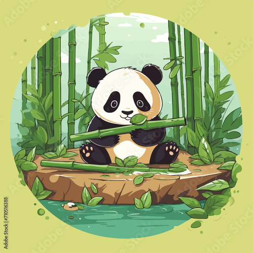 illustration of a panda eating bamboo in a bamboo forest