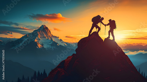 Hiker helping friend reach the mountain top, illustration photo
