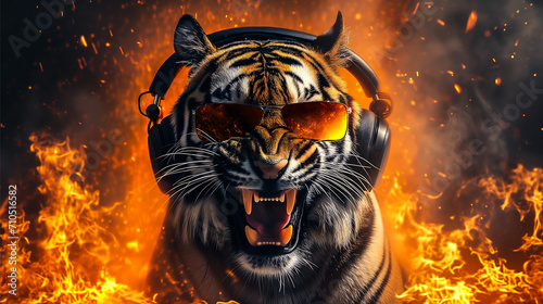 crazy angry tiger with sunglasses and headphones surrounded by fire and flames photo
