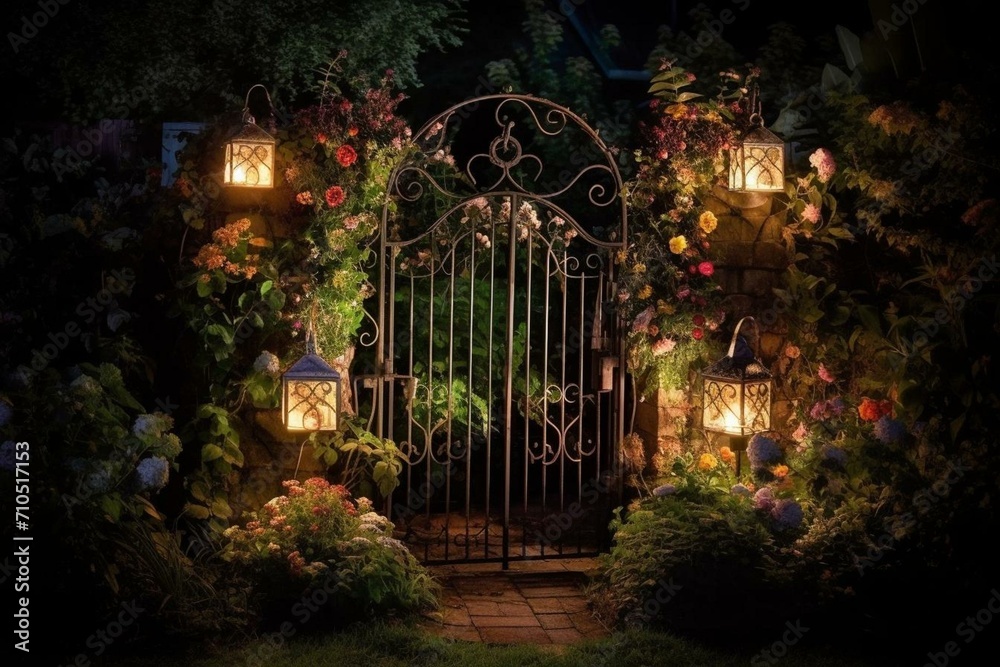 A lit-up garden gate with flowers and lights at night. Generative AI