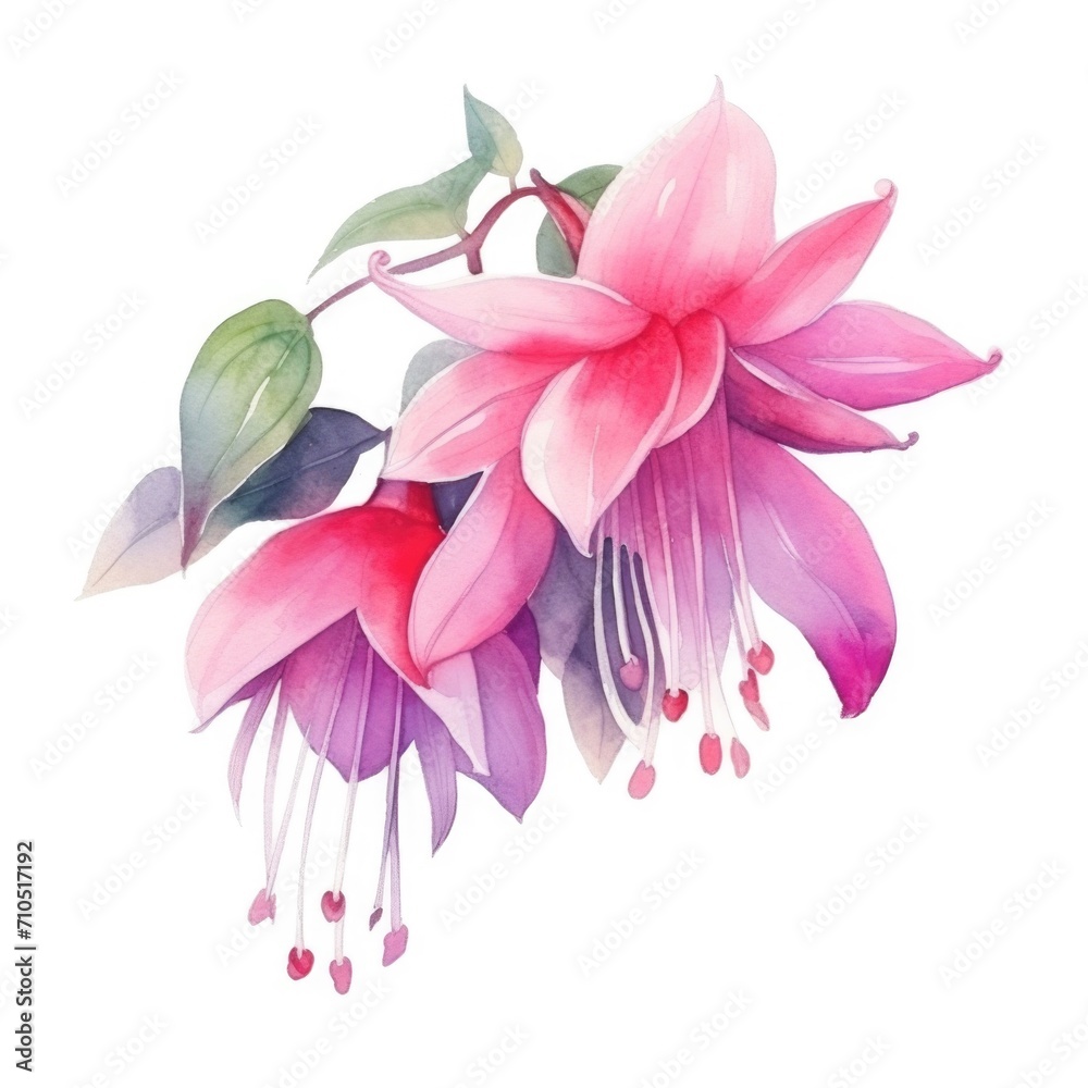 Naklejka premium Fuchsia flower watercolor illustration. Floral blooming blossom painting on white background