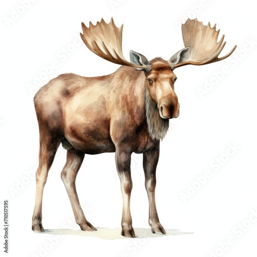 Moose watercolor illustration. Painting of forest animal on white background