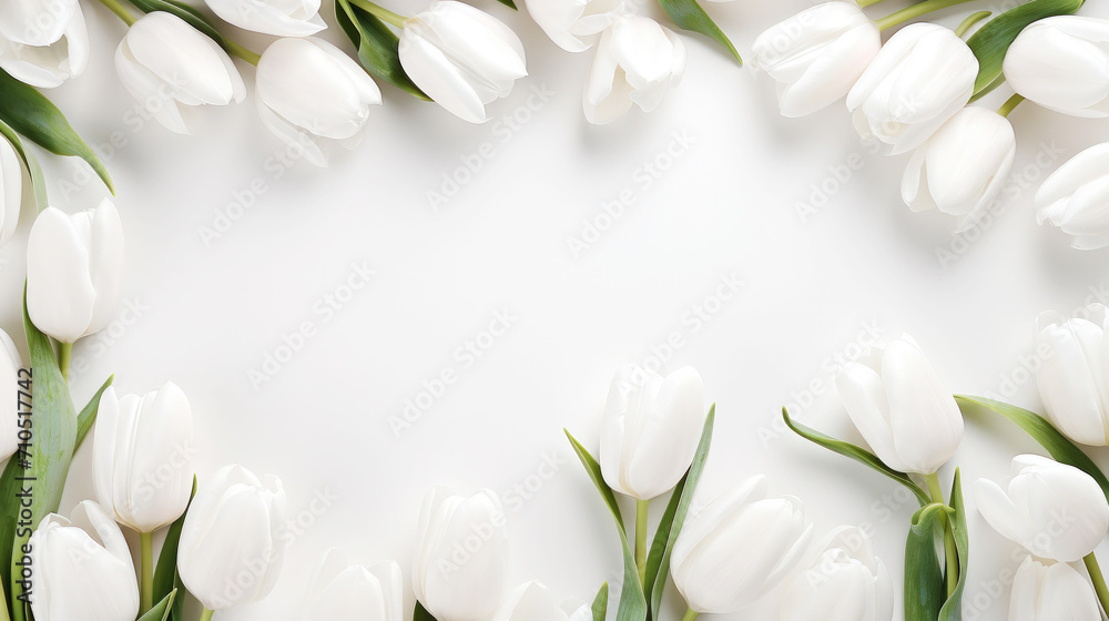 Aesthetic background frame with tender white tulips. Copy space. Invitation or greeting concept. Generative AI