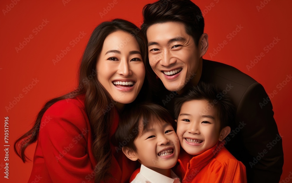 Asian smiling parents with kid wearing red new year clothes