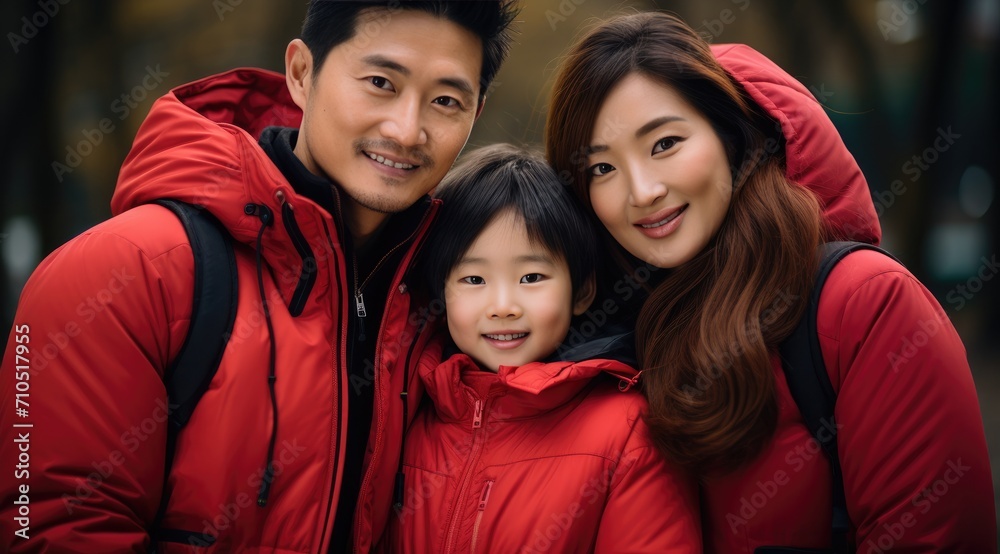 Asian smiling parents with kid wearing red new year clothes Asian smiling parents with kid wearing red new year clothes