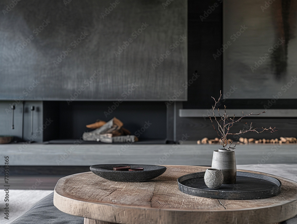 Elegant Minimalist Interior Design of Modern Living Room with Rustic Round Coffee Table, Grey Bench and Sleek Fireplace in a Luxurious Loft Setting, Highlighting Refined Comfort and Stylish Home Decor Elegant Minimalist Interior Design of Modern Living Room with Rustic Round Coffee Table, Grey Bench and Sleek Fireplace in a Luxurious Loft Setting, Highlighting Refined Comfort and Stylish Home Decor