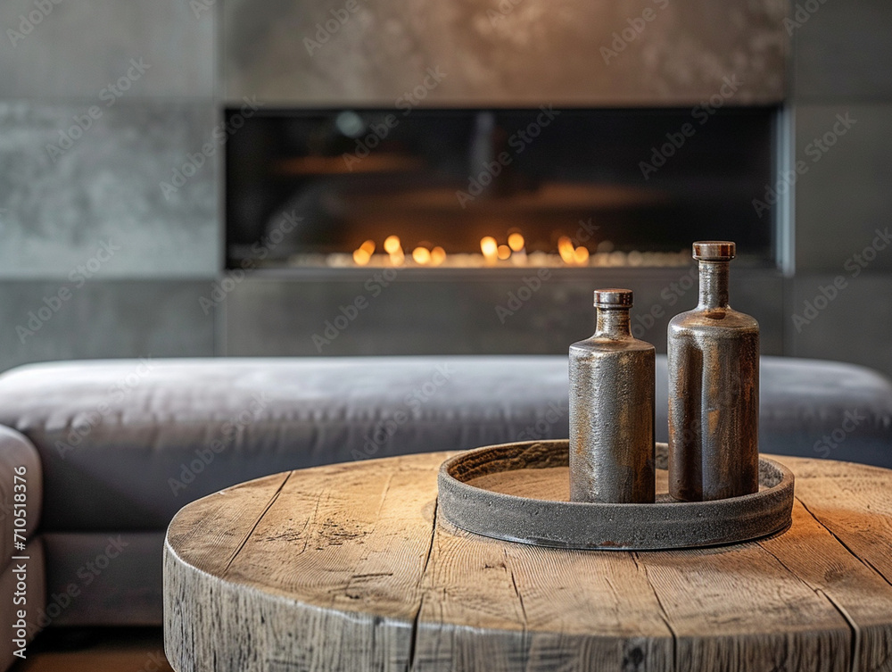Elegant Minimalist Interior Design of Modern Living Room with Rustic Round Coffee Table, Grey Bench and Sleek Fireplace in a Luxurious Loft Setting, Highlighting Refined Comfort and Stylish Home Decor