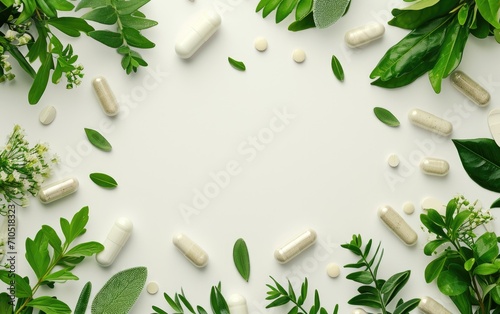 Herbal medicine in capsules made from herb leaves, top view