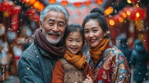 smiling Chinese family celebrating the traditional activities of Spring Festival in a Plaza traditional shopping district background © hakule