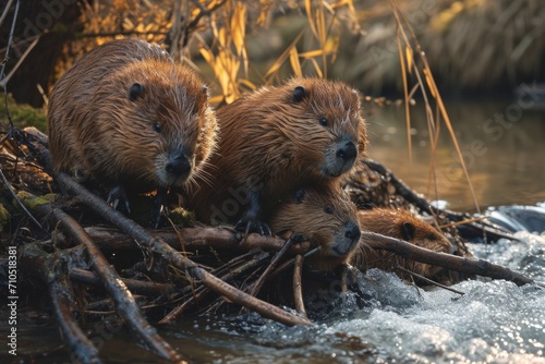 Busy beavers build dam in stream photo