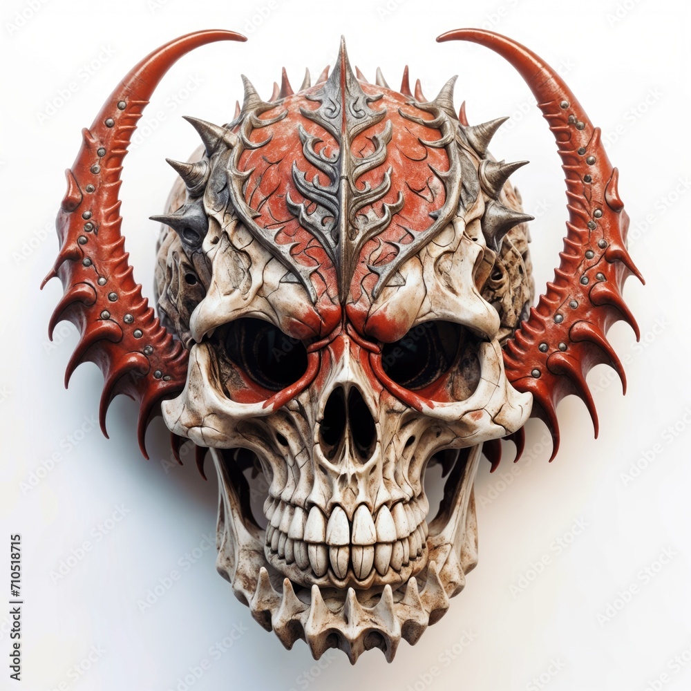 Closeup of skeletal skull sculpture with demonic evil horns protruding from cranium isolated on white background. 