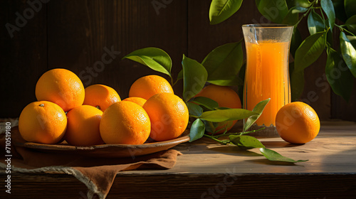 Oranges on a wooden desk with juice