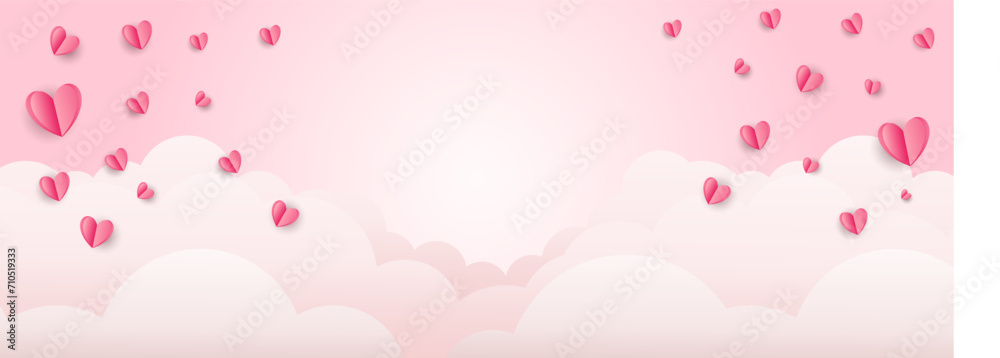Holiday banner for Valentine's Day with paper pink hearts isolated on pink background with clouds. Vector EPS 10